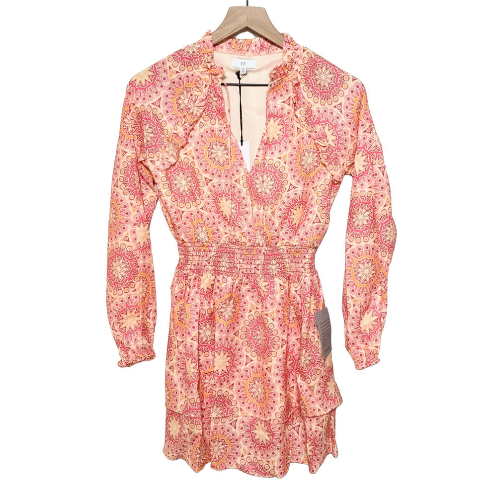 NSR Dress Womens XS Orange Pink Medallion Ruffle Tiered Long Sleeve Prairie NWT